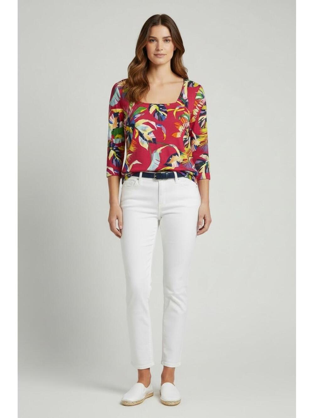 Boston Proper Magenta Tropical Leaf Print Square Neck 3/4 Sleeve Top, Size L
